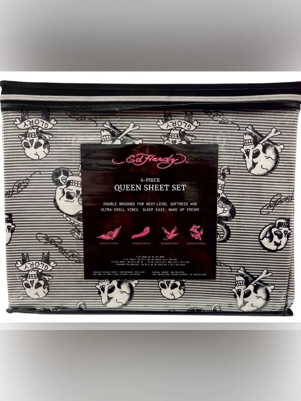 Ed Hardy Black White DP 4pc Queen Sheet Set Striped Skull Signature Logo NEW NIP